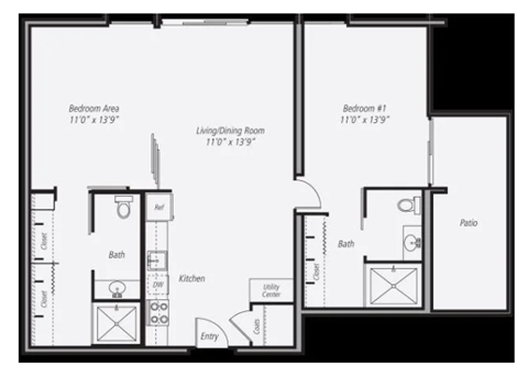 B2 floor plan 2 bedroom 2 bathroom 1059 square feet